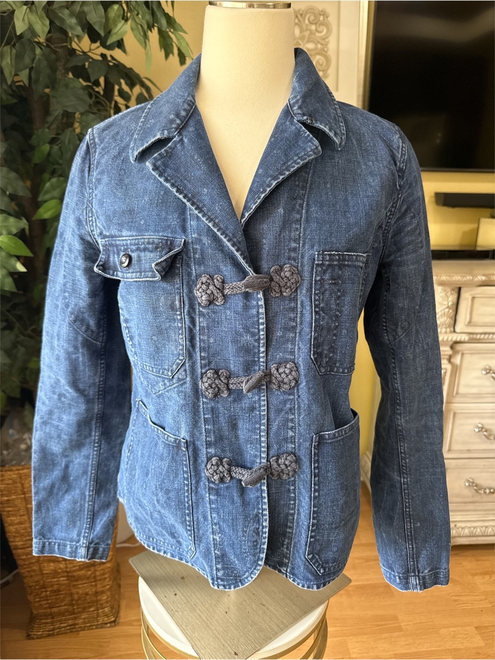 Ralph Lauren Denim Floral Print Blazer Jacket Frog Toggle Size 10